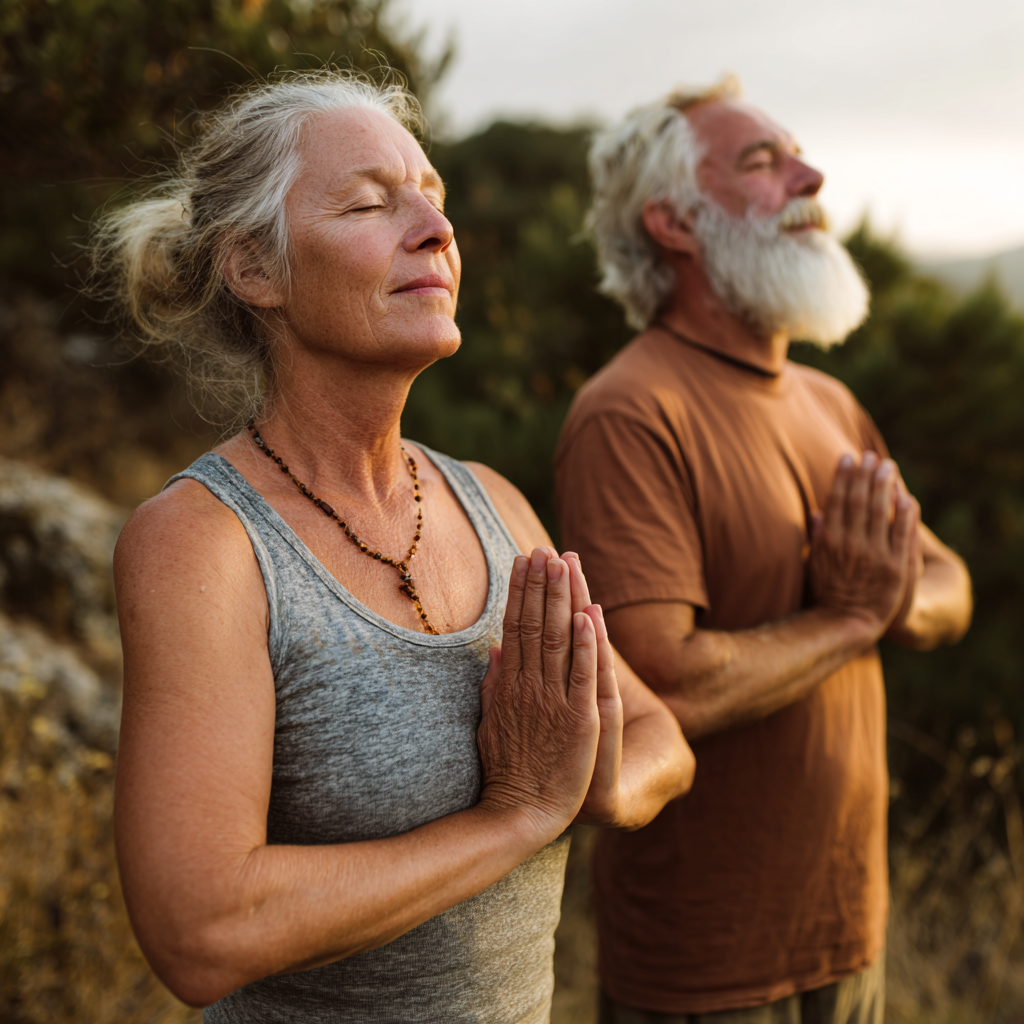Peaceful elderly European woman practicing gentle yoga poses in a serene garden setting, expressing joy and vitality