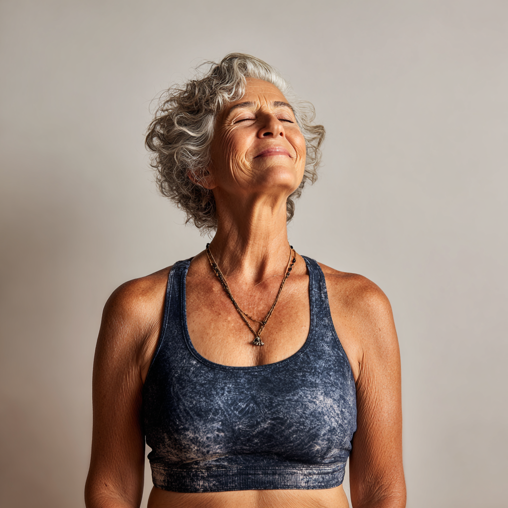 Elderly European couple practicing yoga outdoors in a natural setting, showing connection with nature and peaceful expressions