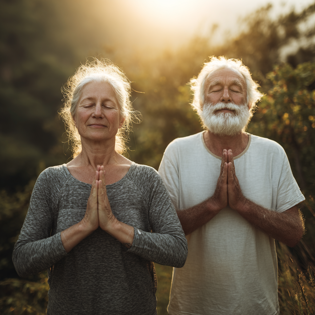 Happy elderly European woman in comfortable yoga clothing, radiating peace and contentment after a yoga session
